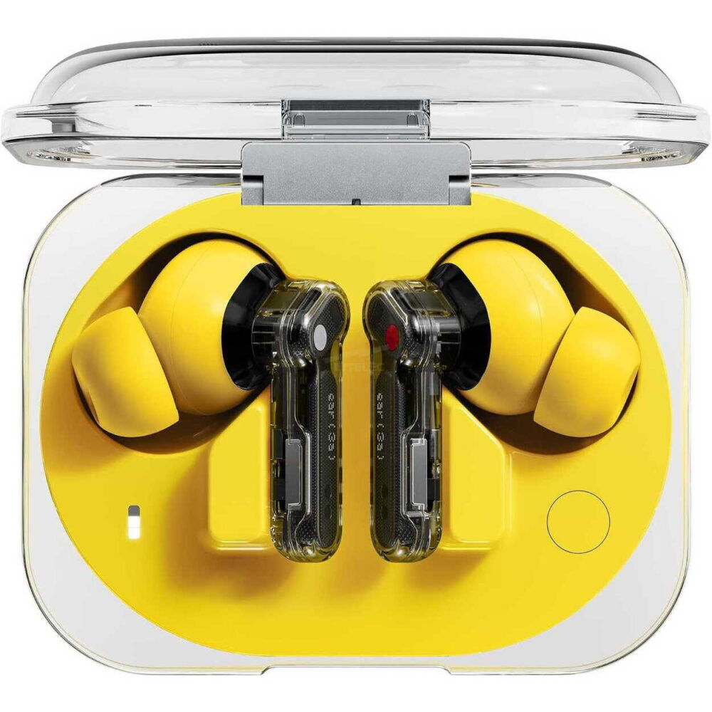 Top-down view of a yellow wireless earbud charging case opened, showing two yellow earbuds inside the case's yellow tray.