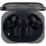 Open charging case revealing two black wireless earbuds nestled inside the case, lid lifted above them in a glossy finish.