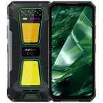 Rugged black smartphone with neon green accents, yellow textured back panels, and a triple-camera module beside the display showing a green abstract wallpaper.