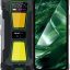 Rugged black smartphone with neon green accents, yellow textured back panels, and a triple-camera module beside the display showing a green abstract wallpaper.