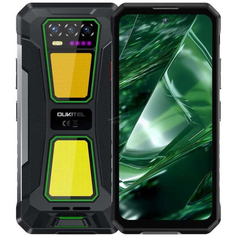 Rugged black smartphone with neon green accents, yellow textured back panels, and a triple-camera module beside the display showing a green abstract wallpaper.
