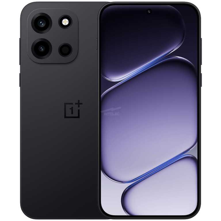 Back view of a black OnePlus smartphone showing a three-camera array with flash and OnePlus logo on the rear panel. Classic modern smartphone design with rounded edges.
