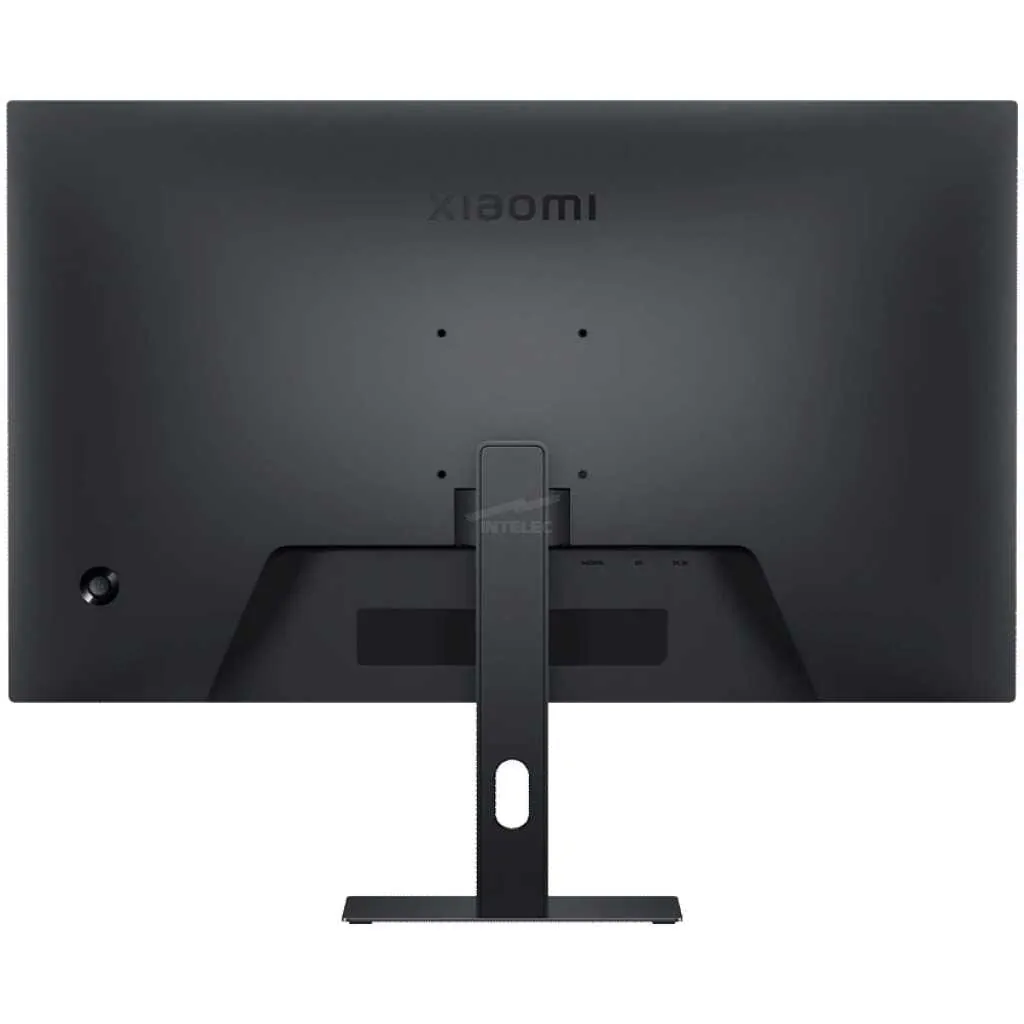 Rear view of a Xiaomi monitor on a black pedestal stand, showing the central vertical support and mounting area.