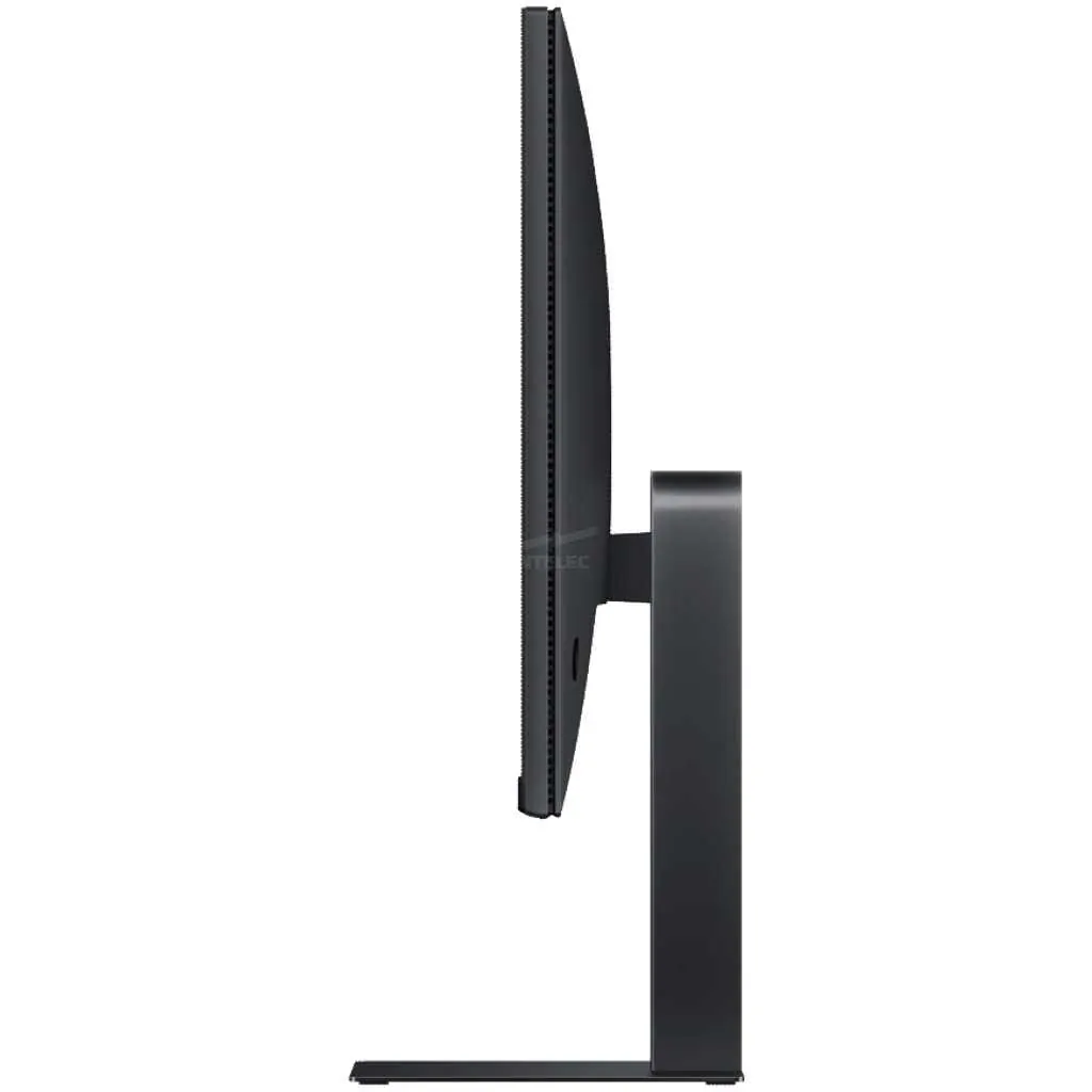 Side view of a dark widescreen computer monitor mounted on a slim rectangular stand against a black background