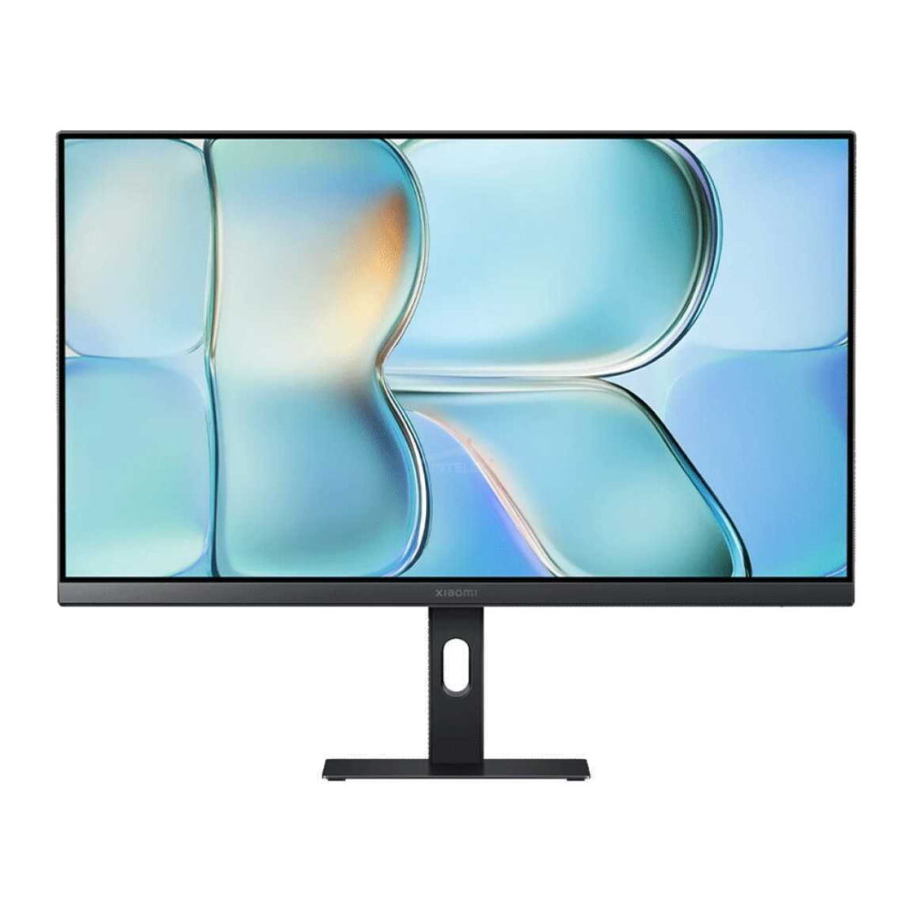 Flat-screen monitor on a stand against a black background, screen showing a blue abstract design.