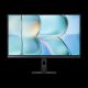 Flat-screen monitor on a stand against a black background, screen showing a blue abstract design.