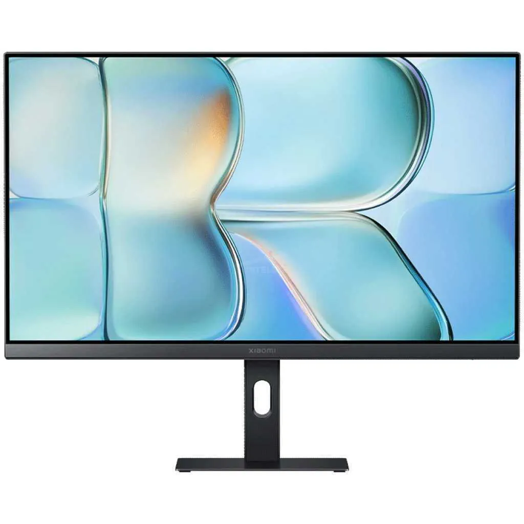 Flat-screen monitor on a stand against a black background, screen showing a blue abstract design.