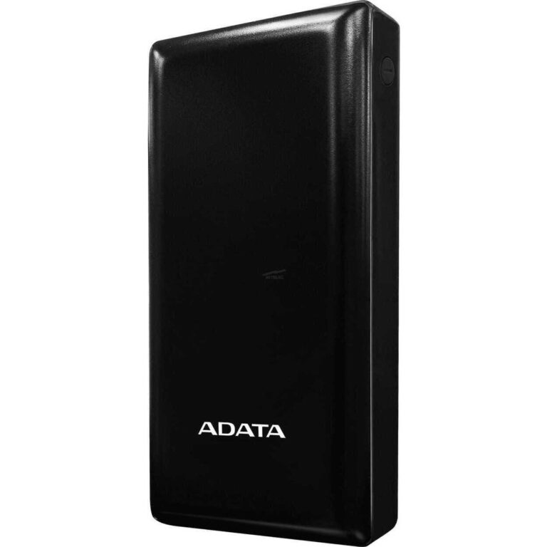 Black ADATA external hard drive standing upright, glossy black casing with white logo at the bottom edge