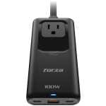 Black 100W GaN-style power adapter with USB-C and USB-A ports, fed by a cable from the top, blue LED indicator on bottom edge, branding says 'Forza'