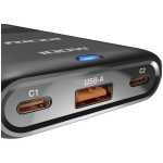 Close-up of a USB-C hub showing two USB-C ports (C1 and C2) and a central USB-A port with a blue LED indicator visible in the middle.