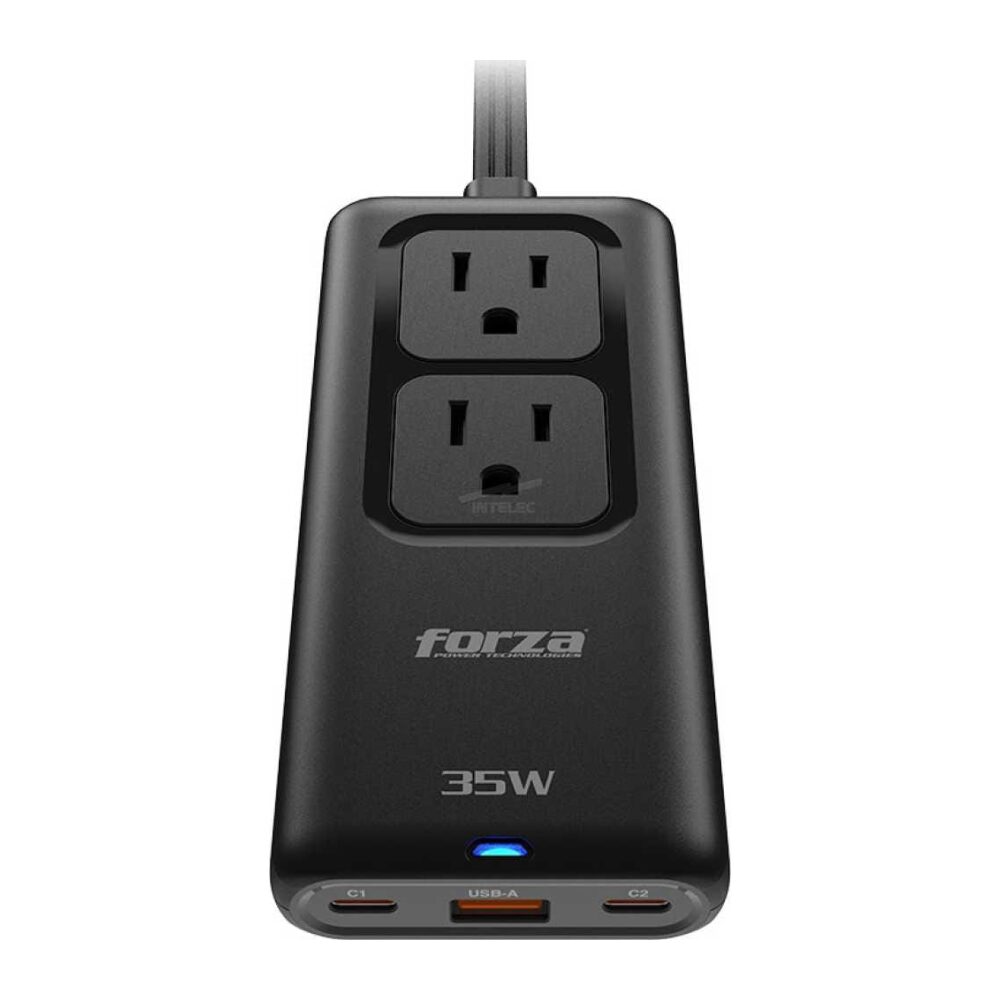 Forza 35W travel power adapter with two outlets, blue LED indicator, and USB-C/USB-A ports at the bottom.