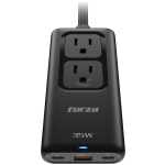 Forza 35W travel power adapter with two outlets, blue LED indicator, and USB-C/USB-A ports at the bottom.