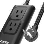 Black dual-outlet power strip with a grounded plug visible beside it, close-up view of the sockets and cord