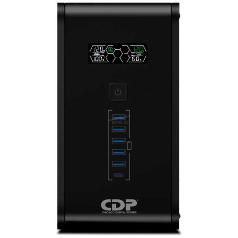 Black computer tower front view with a power button, a row of USB ports, a small digital display near the top, and the CDP logo near the base.