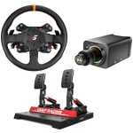 Sim racing kit: black steering wheel with color buttons, dual-pedal base, and a black compact controller module.