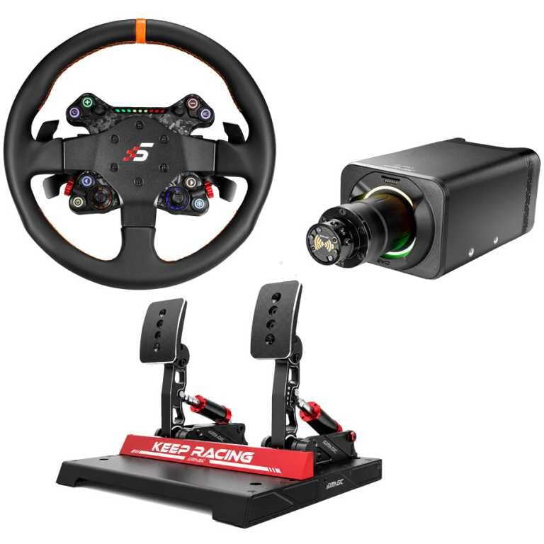 Sim racing kit: black steering wheel with color buttons, dual-pedal base, and a black compact controller module.