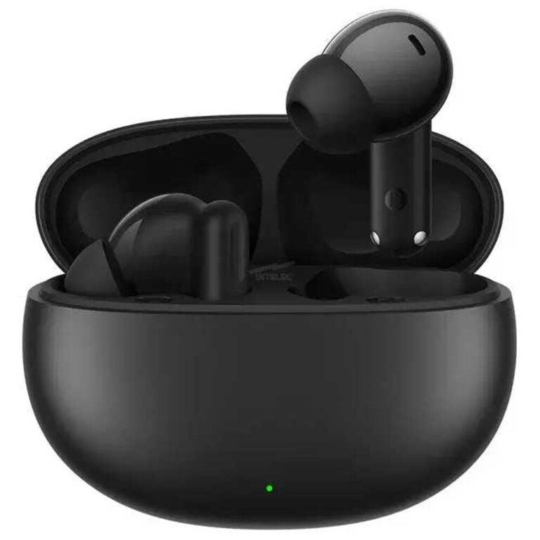 Black true wireless earbuds in an open charging case with a green status light visible at the bottom.