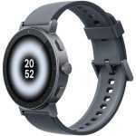 Gray smartwatch with round display showing 20:52, metal bezel and dark silicone strap on black background
