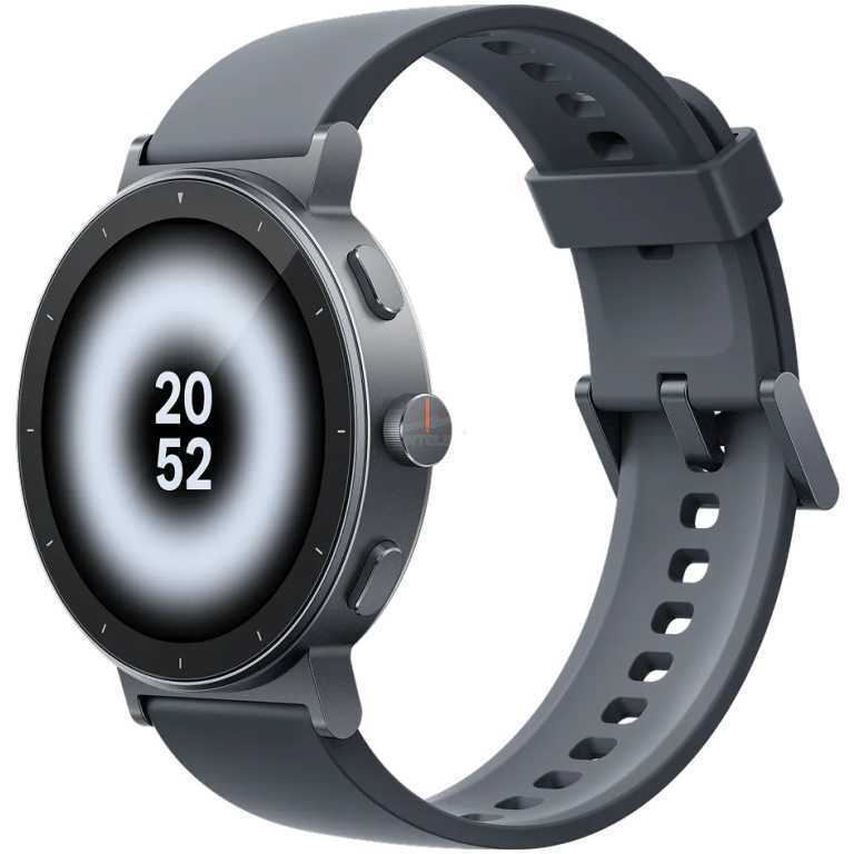 Gray smartwatch with round display showing 20:52, metal bezel and dark silicone strap on black background