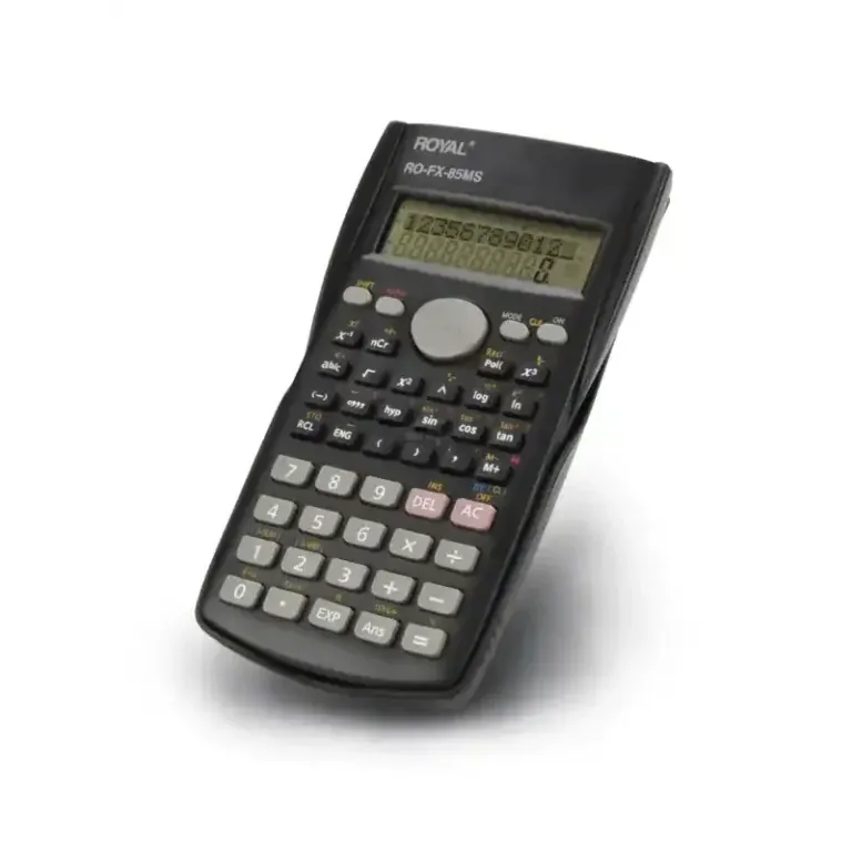Royal RO-FX-85MS scientific calculator with a large LCD display and extensive function keys surface clip-on view, angled for easy typing.