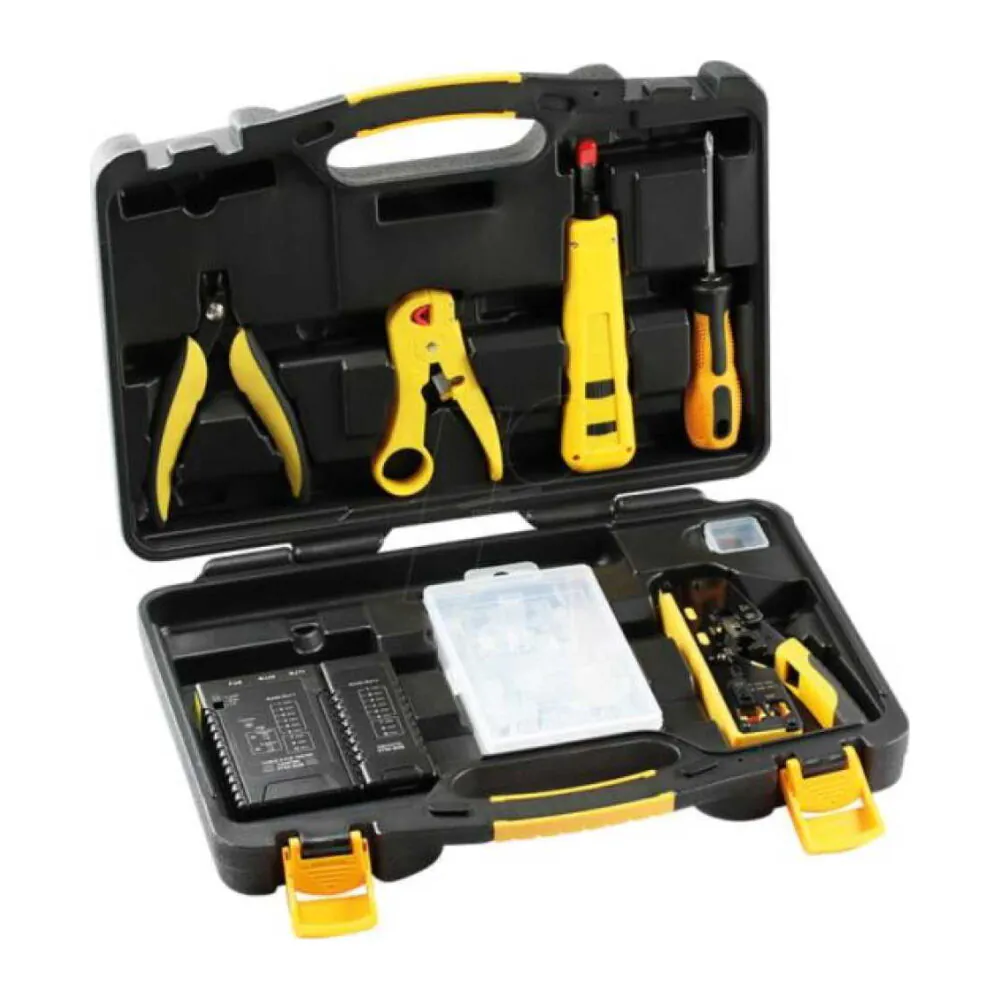 Open black and yellow tool case containing pliers, wire strippers, a utility knife, a screwdriver, and other small tools.