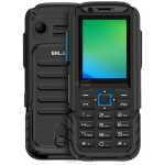 Rugged feature phone with a chunky protective case, large physical keypad, and small color display, branded BLU on the back.