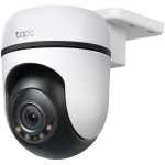 White Tapo outdoor security camera with dome housing mounted on a wall bracket.