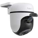 White Tapo dome security camera mounted on a wall bracket with a microSD card slot visible