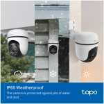 Tapo weatherproof security camera shown in three weather panels (rain, snow, sun) with a blue banner reading IP65 Weatherproof and brand logo.