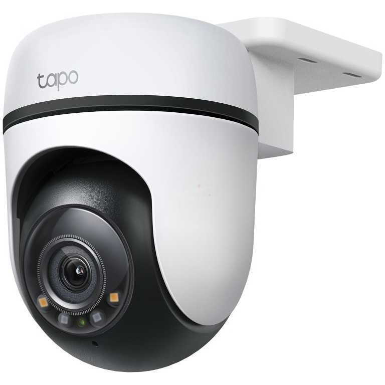 White Tapo outdoor security camera with dome housing mounted on a wall bracket.