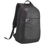Black Targus backpack with top handle, padded straps, and zippered front pocket featuring gray panels.