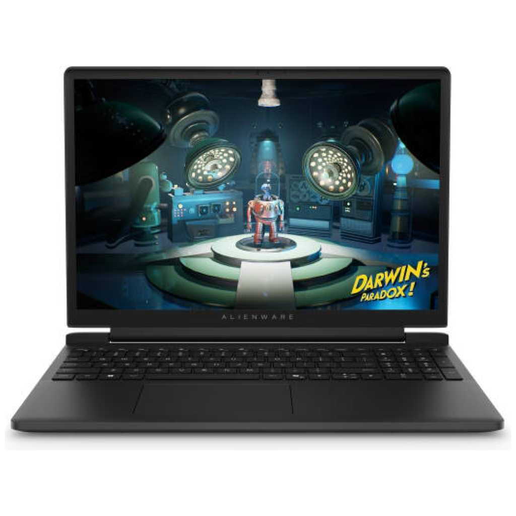 Alienware laptop open, screen shows a space-themed game scene with an astronaut on a circular platform; 'Darwin's Paradox!' title appears.