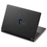 Closed black laptop shown from the rear-left, with a small circular blue-green logo on the lid.