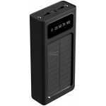 Black portable solar charger with a solar panel on the front and a digital charge indicator showing 25–100%.