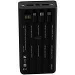 Five-slot black battery charger with various rechargeable batteries inserted, viewed from the front.