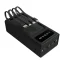 Black four-port USB charging hub with curved cables and a small LCD showing charging levels