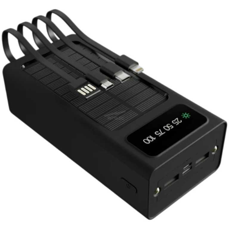 Black four-port USB charging hub with curved cables and a small LCD showing charging levels