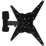 Wall-mount bracket for a flat-screen TV with adjustable arms and VESA mounting plate (back view).
