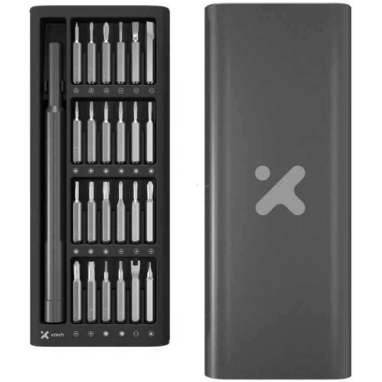 Precision screwdriver bit set with a long handle and multiple bits neatly organized in a black plastic case