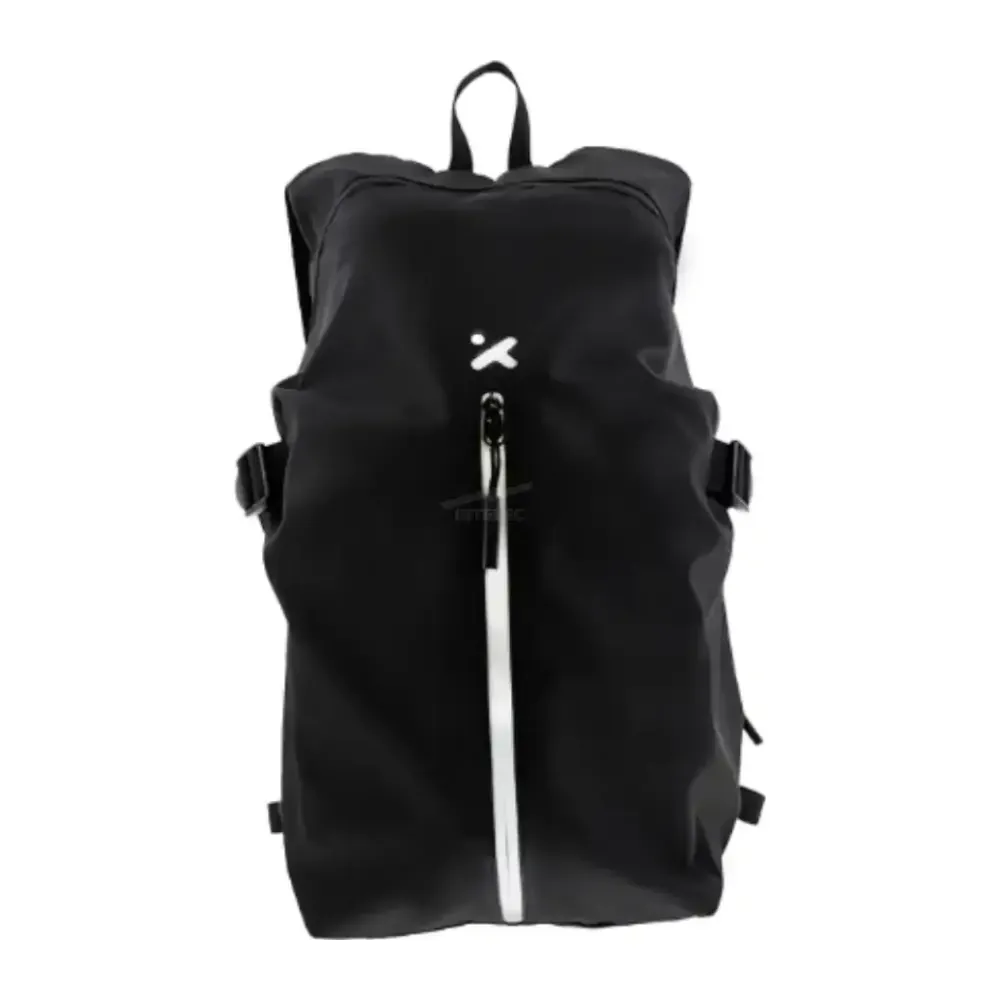 Black backpack with a vertical front zipper, top handle, and side compression straps on white background