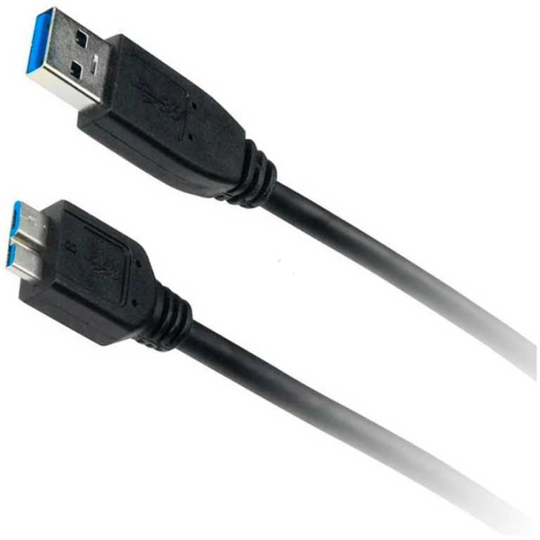 USB 3.0 cable with blue USB-A and blue micro-B connectors (two-ended) in black housing