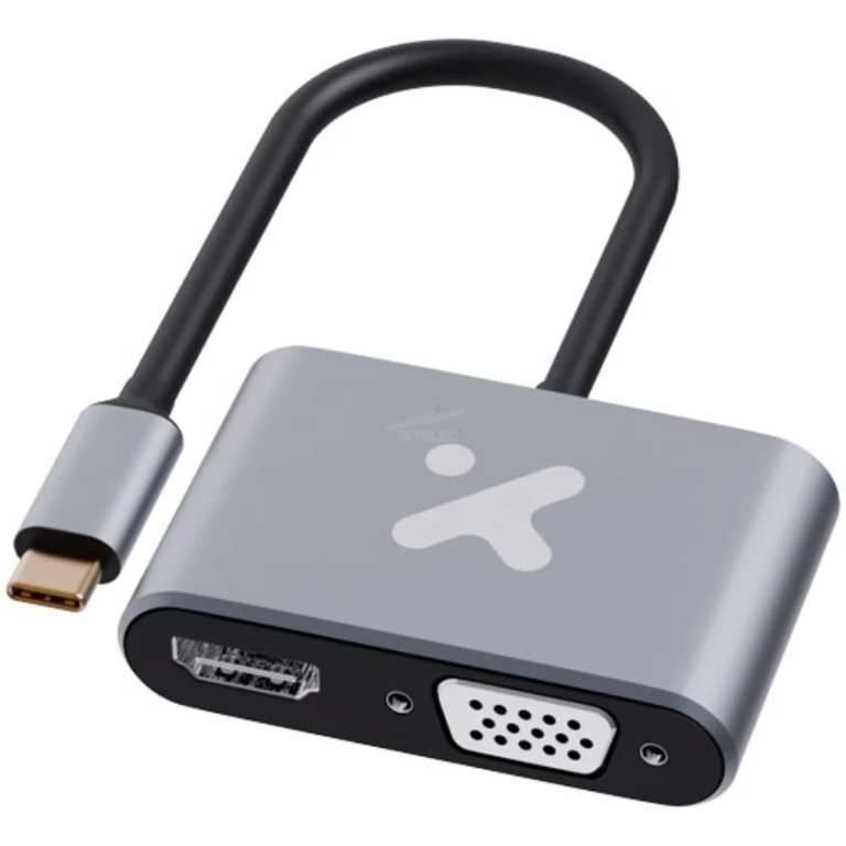 USB-C to HDMI and VGA multiport adapter with short cable and silver housing