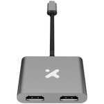 Gray USB-C to dual HDMI adapter with two HDMI outputs on a compact hub