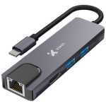 Compact USB-C multiport adapter with an Ethernet port and two USB-A ports on a dark gray block, connected by a short cable