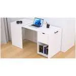 White desk with built-in storage: laptop on top, headphones on the side, and a lower cubby with books.