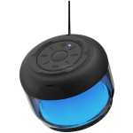 Black dome-style VR headset with a blue visor and an overhead cord, top control pad featuring directional arrows and center button