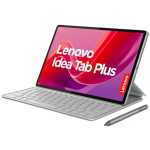 Lenovo IdeaTab Plus tablet with detachable keyboard and stylus on white background, screen displaying colorful branding