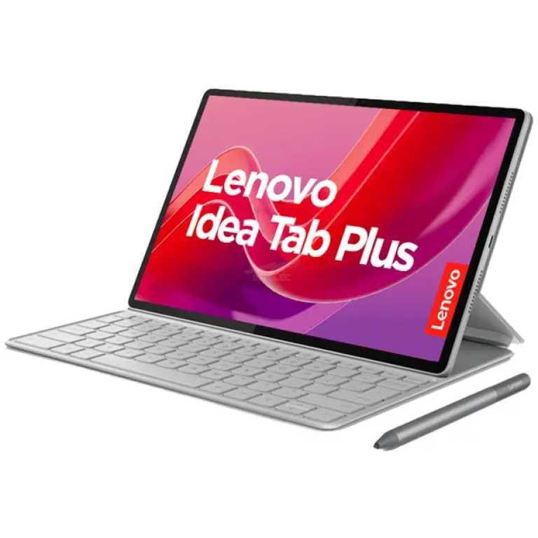 Lenovo IdeaTab Plus tablet with detachable keyboard and stylus on white background, screen displaying colorful branding