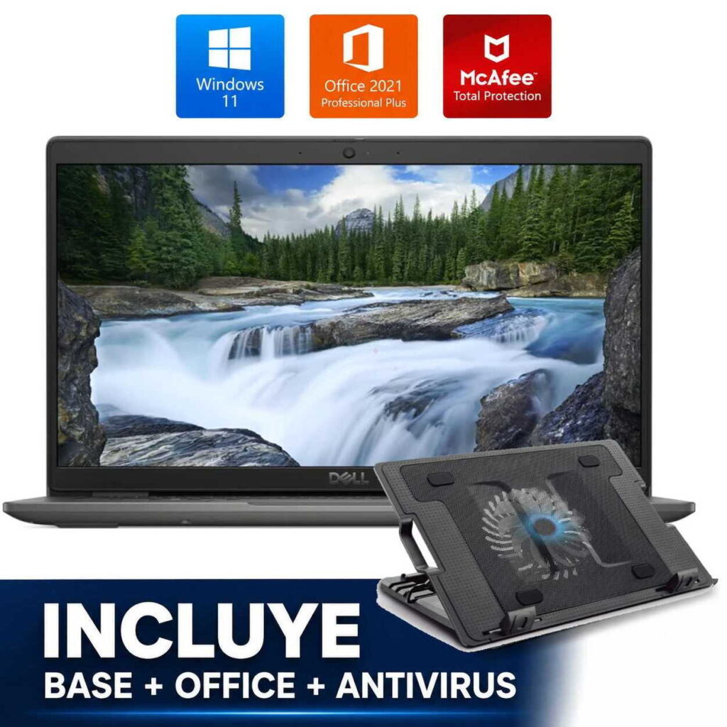 Dell laptop with nature wallpaper; icons for Windows 11, Office 2021, and McAfee above; bundle includes a base/stand and antivirus software.