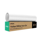 Roll of glitter iron-on material resting on a Cricut Value Glitter Iron-On box; dimensions 10 in by 8 ft (25.4 cm by 2.43 m).